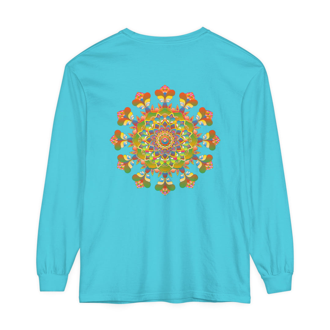 Vibrant and colorful mandala long sleeve t-shirt featuring intricate and eye-catching art design