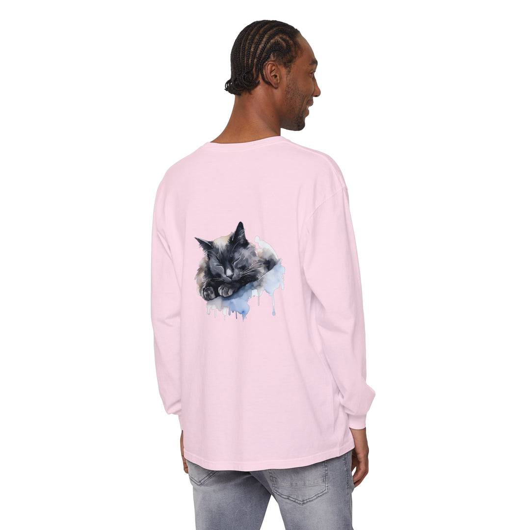 A close-up watercolor image of a cute sleeping cat on a t-shirt