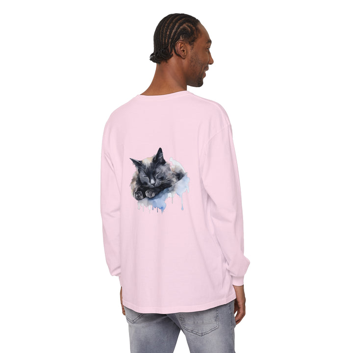 A close-up watercolor image of a cute sleeping cat on a t-shirt