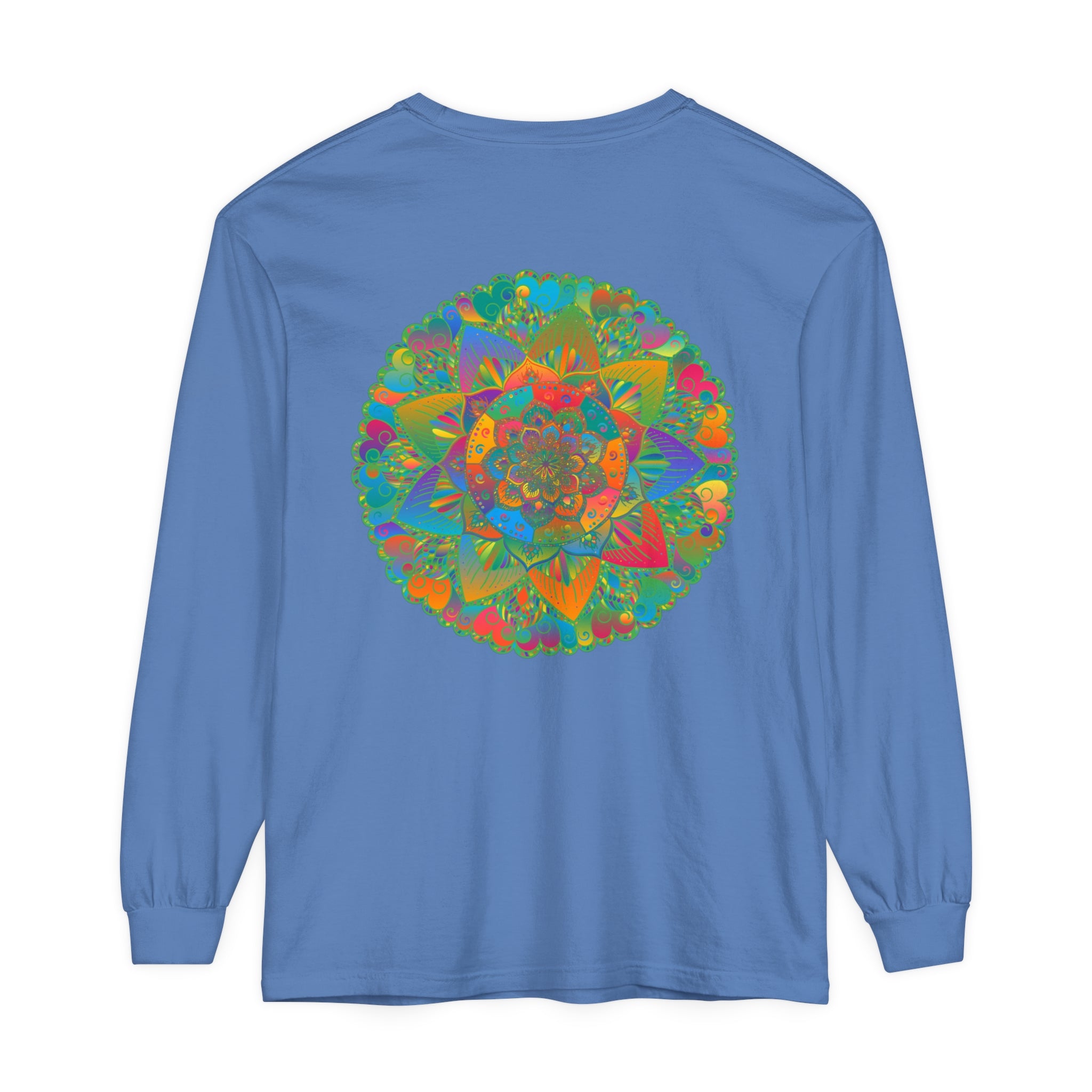 Colorful and intricate mandala design on a comfortable unisex long sleeve t-shirt