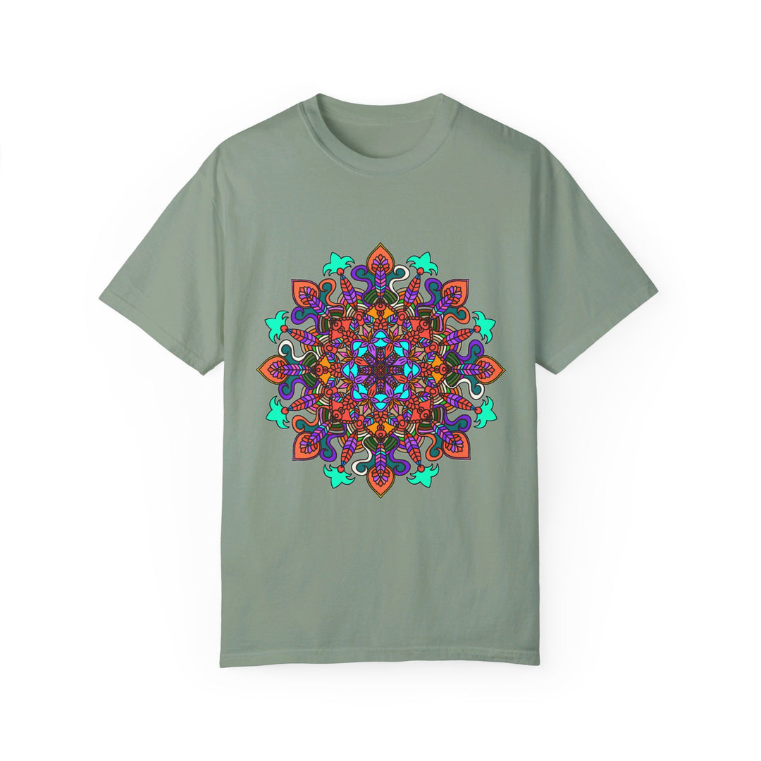 Unisex mandala t-shirt made of 100% ring-spun cotton, hand-drawn mandala art, and garment-dyed for extra comfort