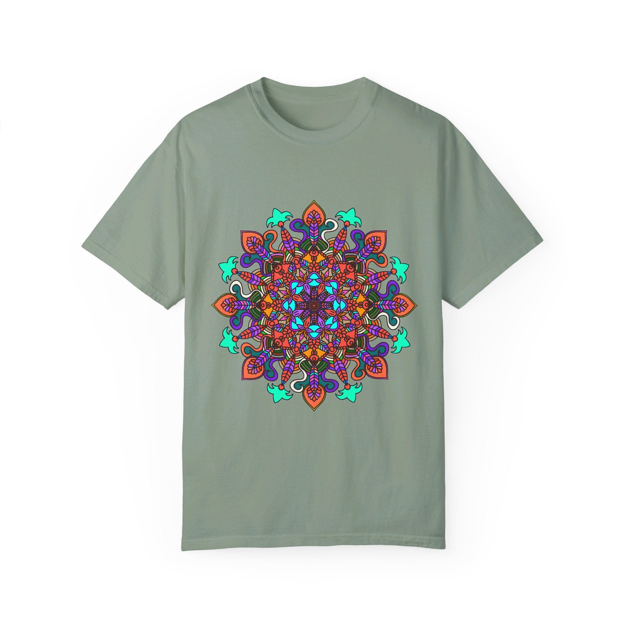 Unisex mandala t-shirt made of 100% ring-spun cotton, hand-drawn mandala art, and garment-dyed for extra comfort