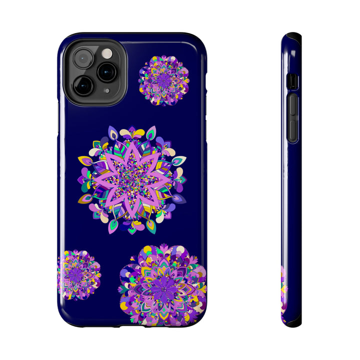 A durable and shock absorbent purple shades phone case featuring hand drawn mandala art