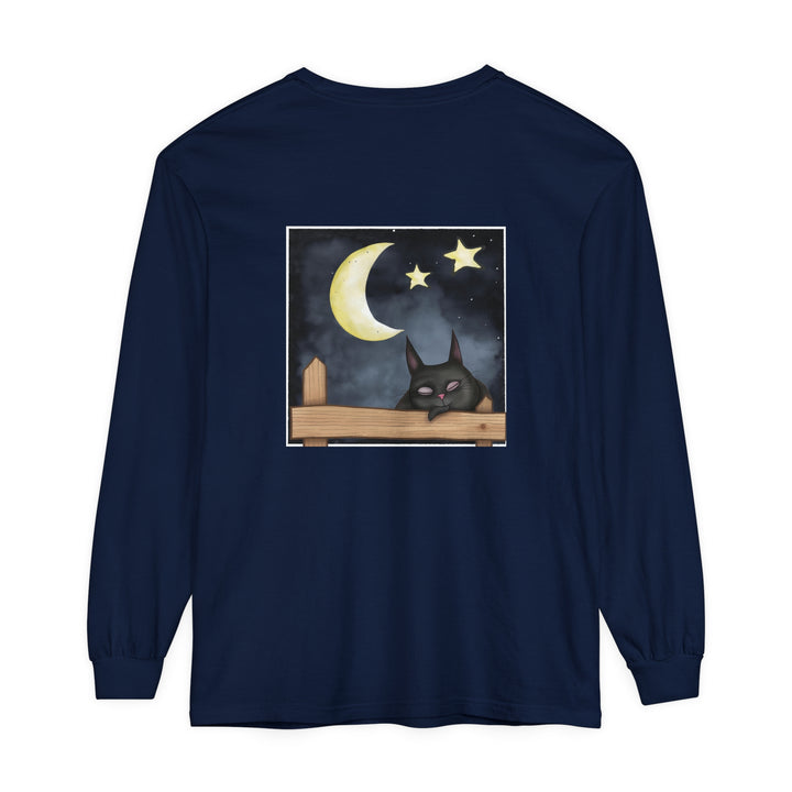 Comfortable black t-shirt featuring a sleepy cat under a starry night sky