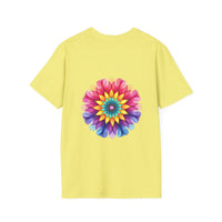 A close-up image of a white t-shirt with a colorful floral mandala design and an inspiring quote