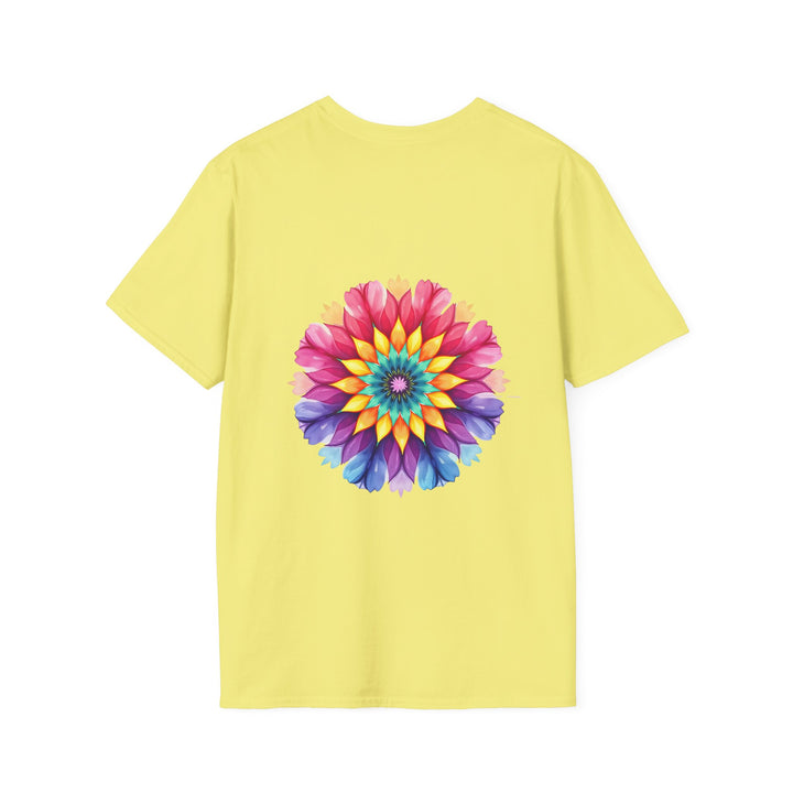 A close-up image of a white t-shirt with a colorful floral mandala design and an inspiring quote