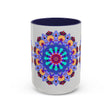 Vibrant and symmetrical mandala art mug ideal for adding a pop of color to your kitchen