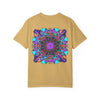 Unisex mandala t-shirt made from 100% ring-spun cotton, featuring hand-drawn mandala art and garment-dyed for extra comfort