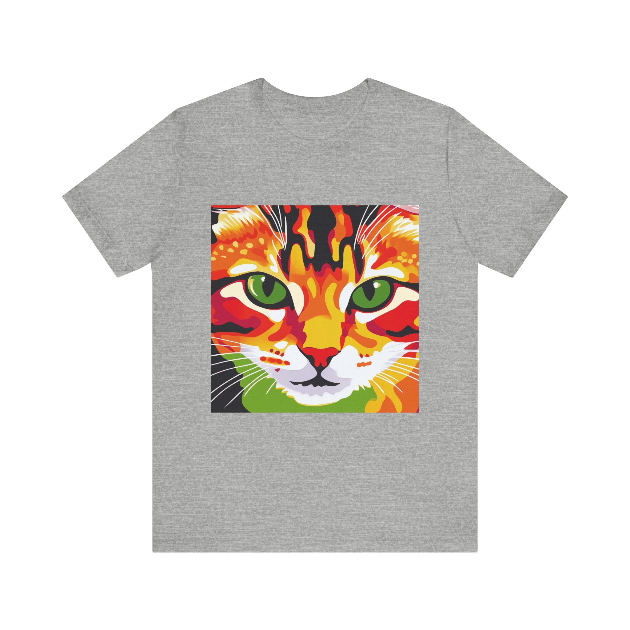 Vibrant and colorful Savanna Cat Abstract Art T-Shirt, perfect for animal lovers and art enthusiasts, featuring a unique and modern design