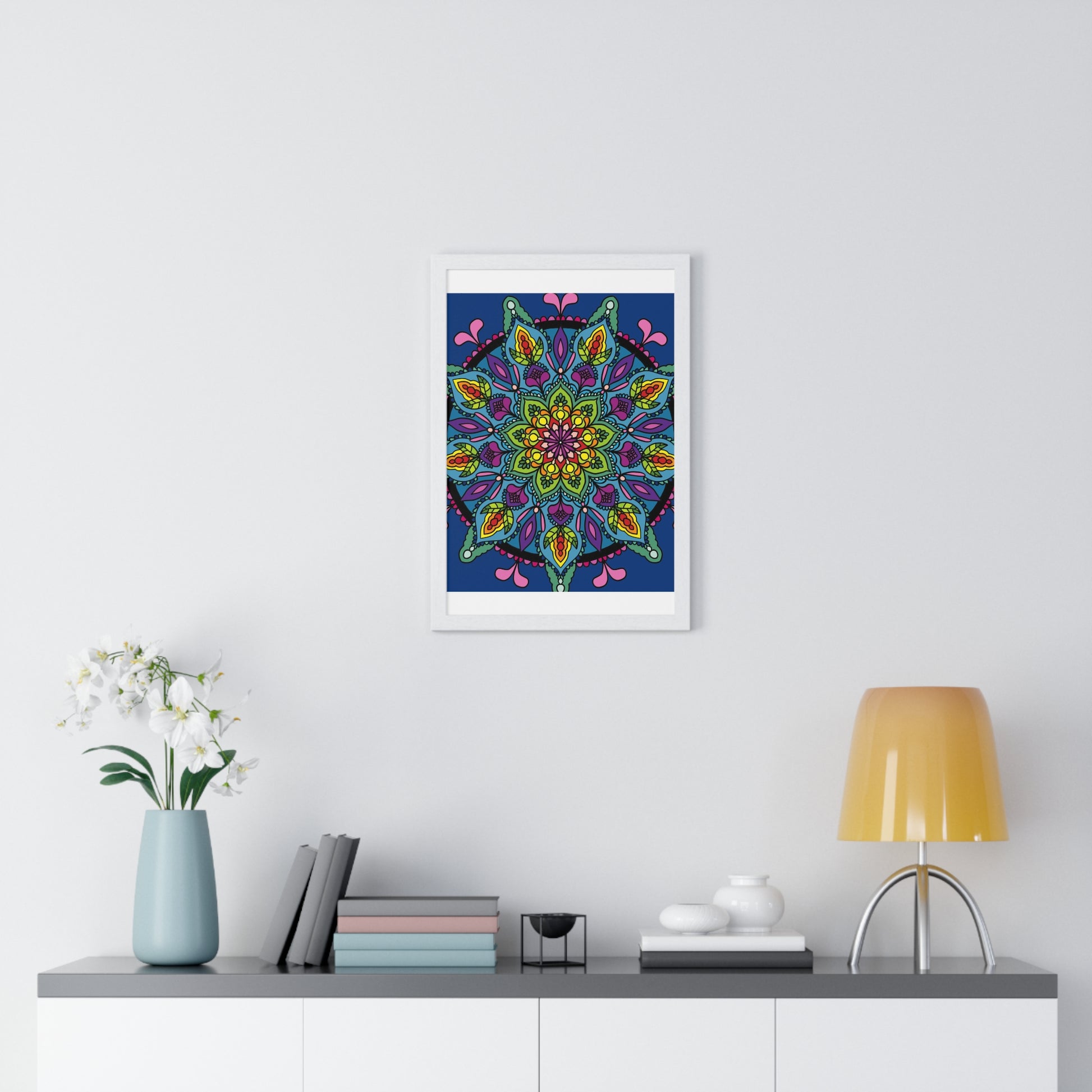 Vertical framed poster featuring a hand-drawn blue Mandala art, perfect for mindfulness and yoga practice