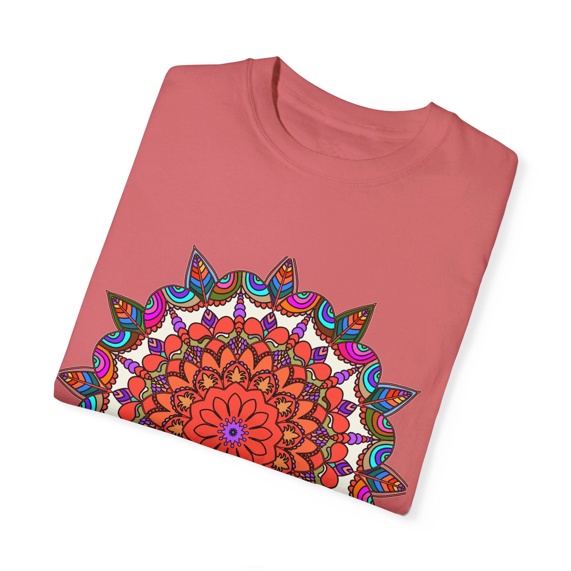 Colorful unisex mandala t-shirt made from 100% ring-spun cotton, featuring hand-drawn mandala art and garment-dyed for extra comfort