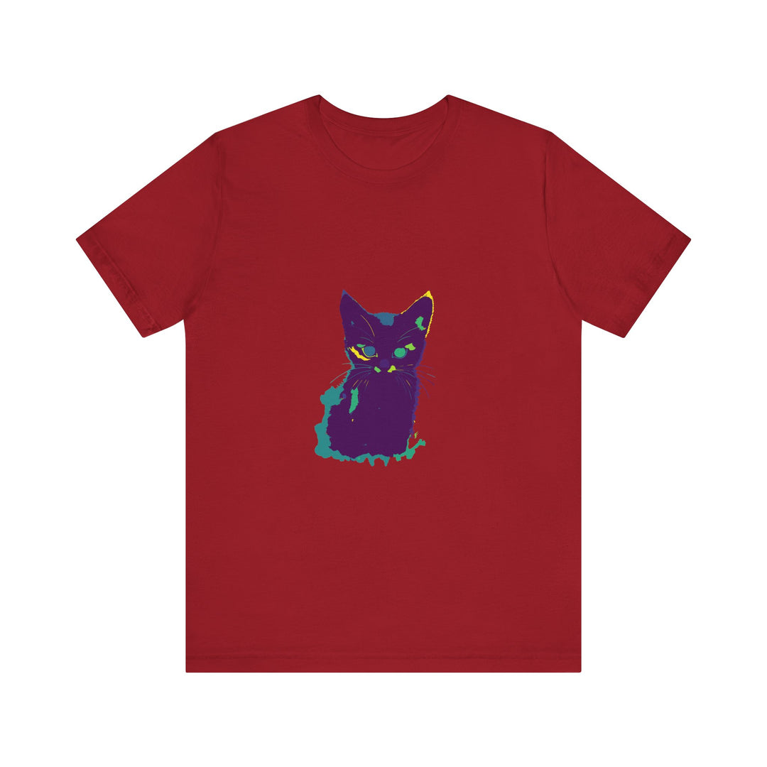 A colorful whimsical cat silhouette tee with vibrant and eye-catching design