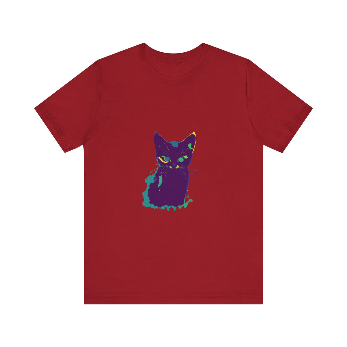 A colorful whimsical cat silhouette tee with vibrant and eye-catching design