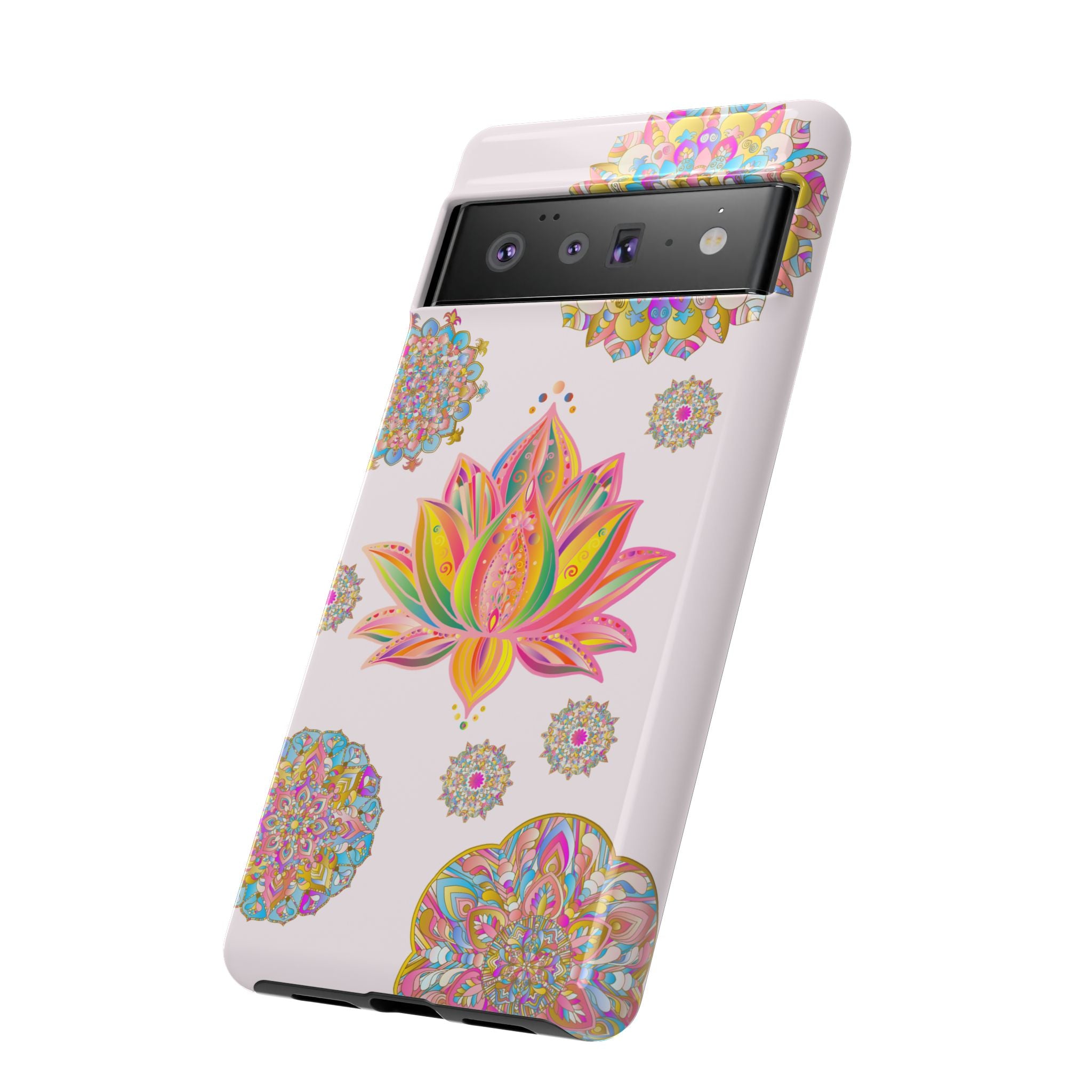 Light pink phone case with intricate mandala design and lotus flower pattern