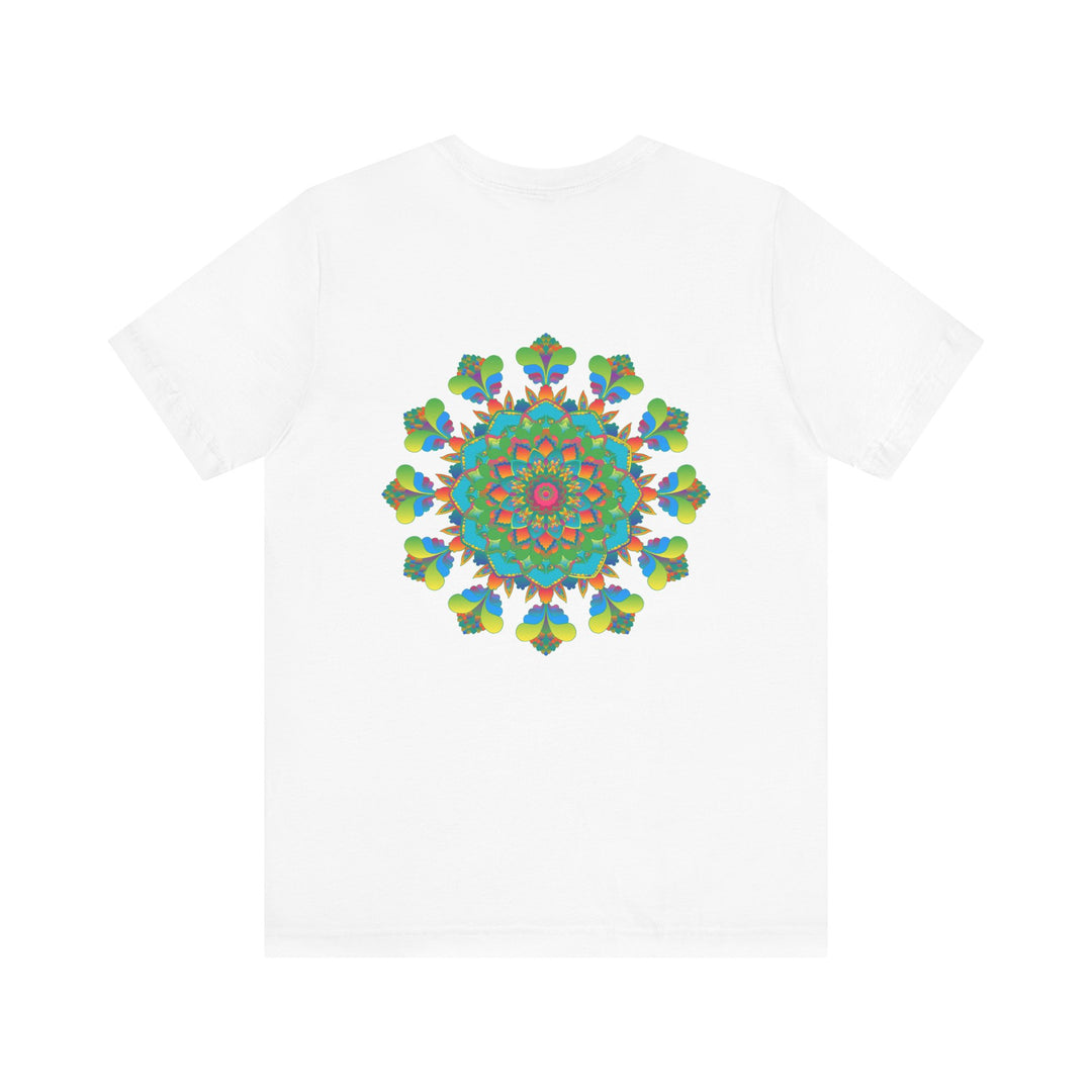 Colorful psychedelic mandala design on a t-shirt, exuding spiritual and positive vibes