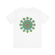Colorful psychedelic mandala design on a t-shirt, exuding spiritual and positive vibes