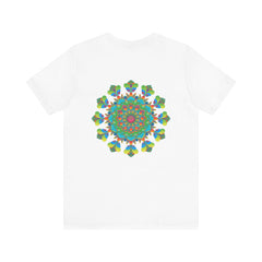 Colorful psychedelic mandala design on a t-shirt, exuding spiritual and positive vibes
