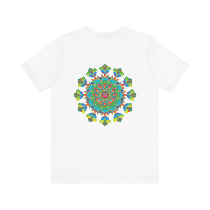 Colorful psychedelic mandala design on a t-shirt, exuding spiritual and positive vibes