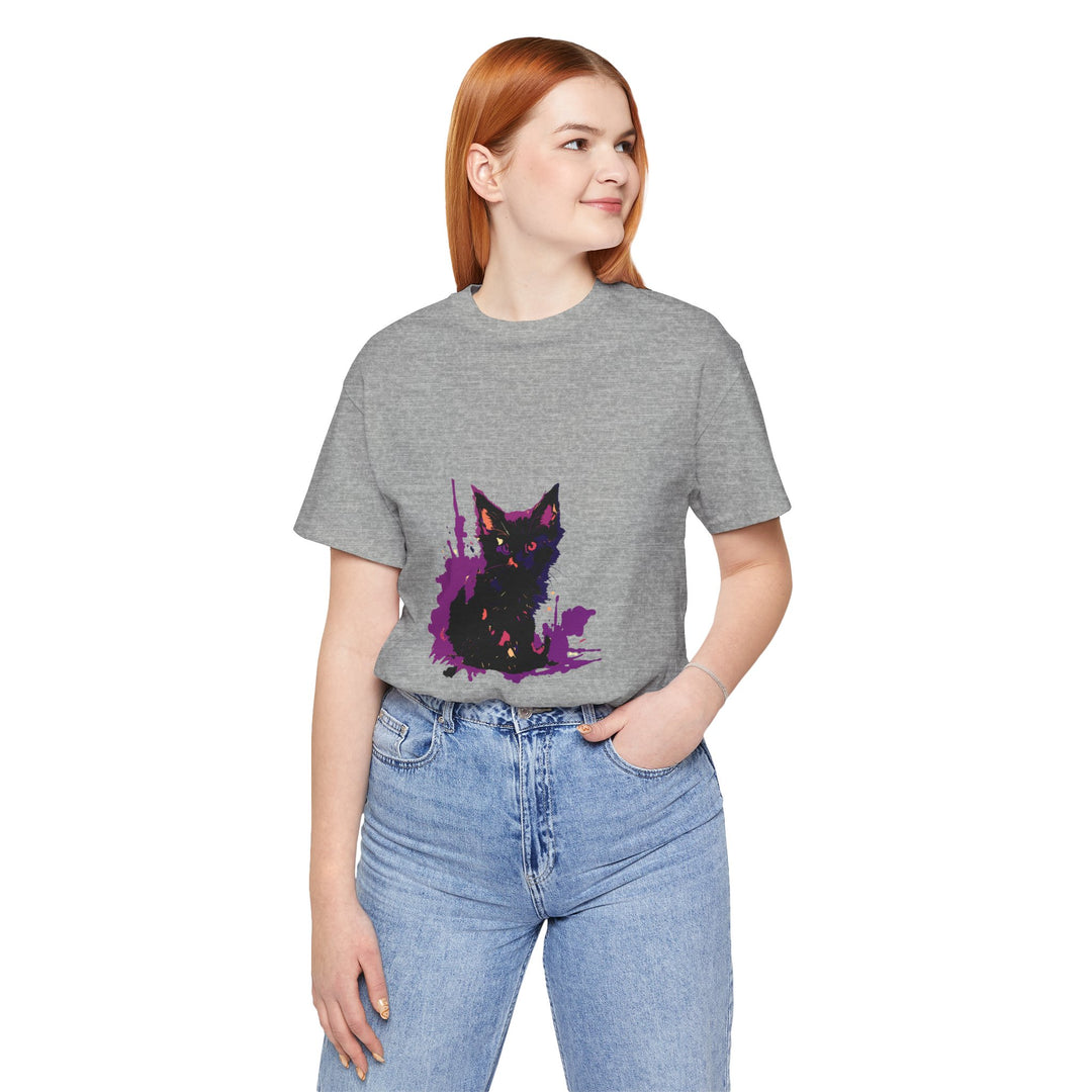 Schwarzes Katzenrätsel – Lila Farbspritzer-T-Shirt