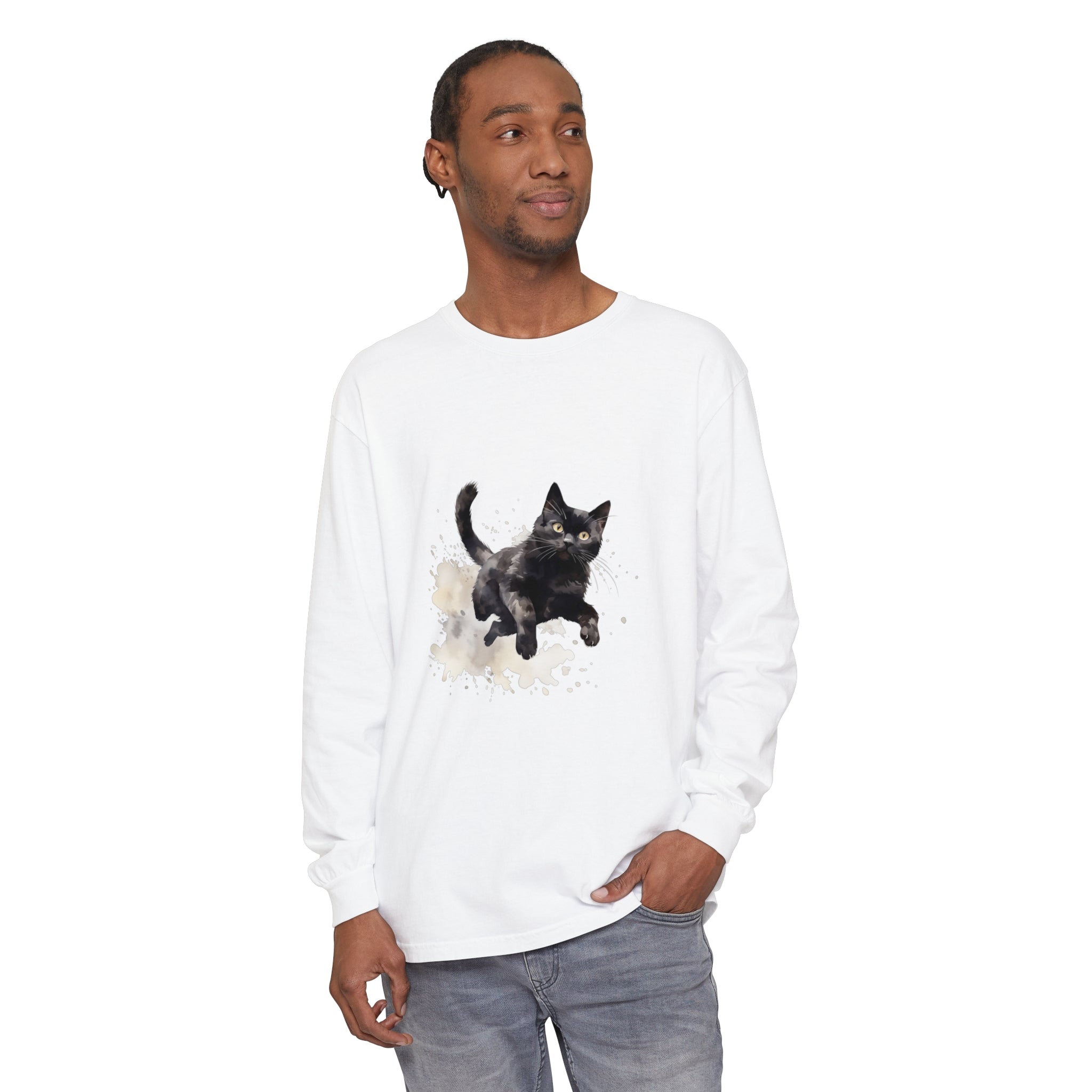 A vibrant and artistic watercolor splash design of a black cat on a t-shirt