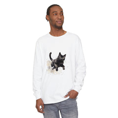 A vibrant and artistic watercolor splash design of a black cat on a t-shirt