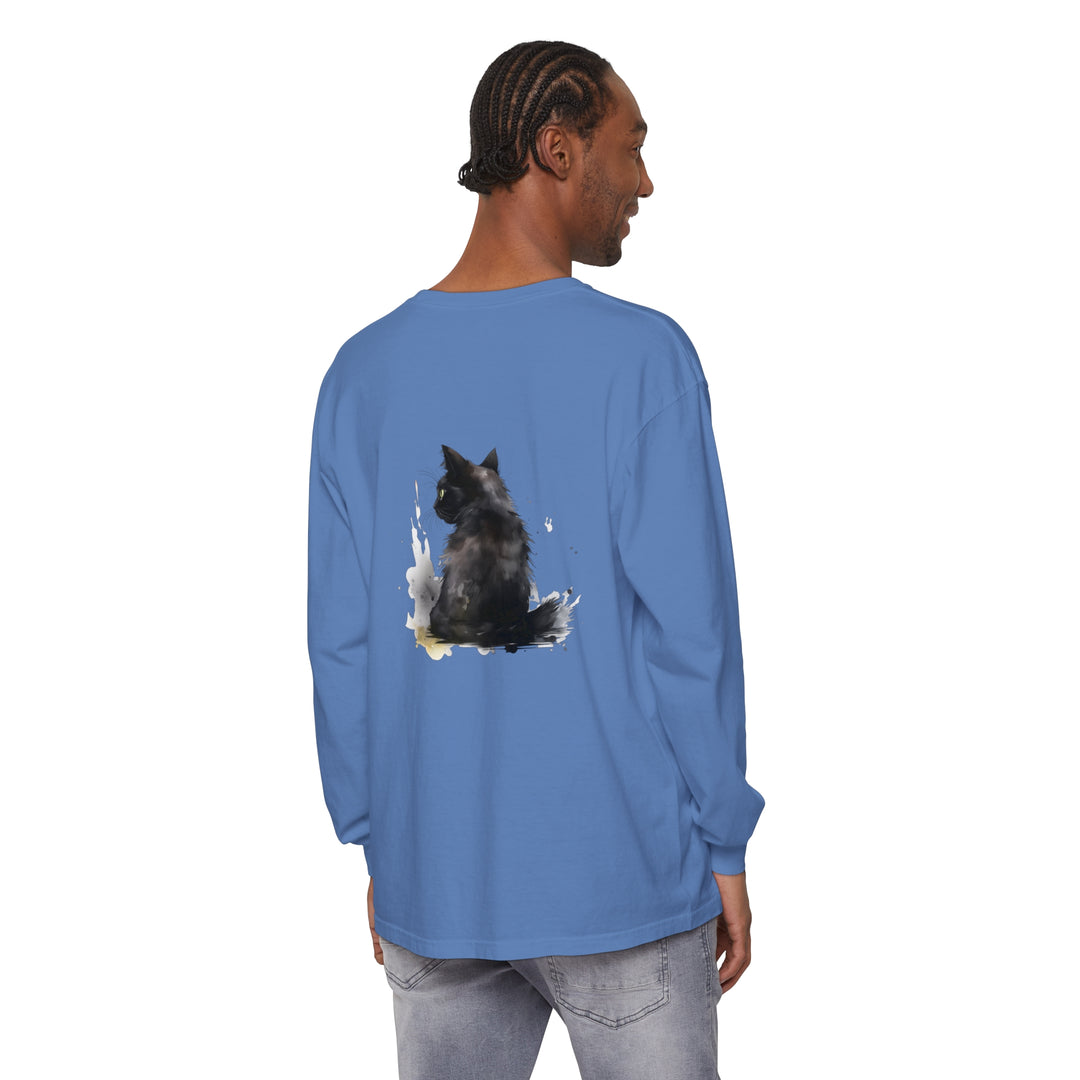 Black Cat Watercolor Dream long sleeve t-shirt with vibrant watercolor cat design