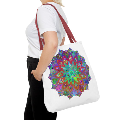 Vibrant and intricate colorful mandala design on all-over print tote bag