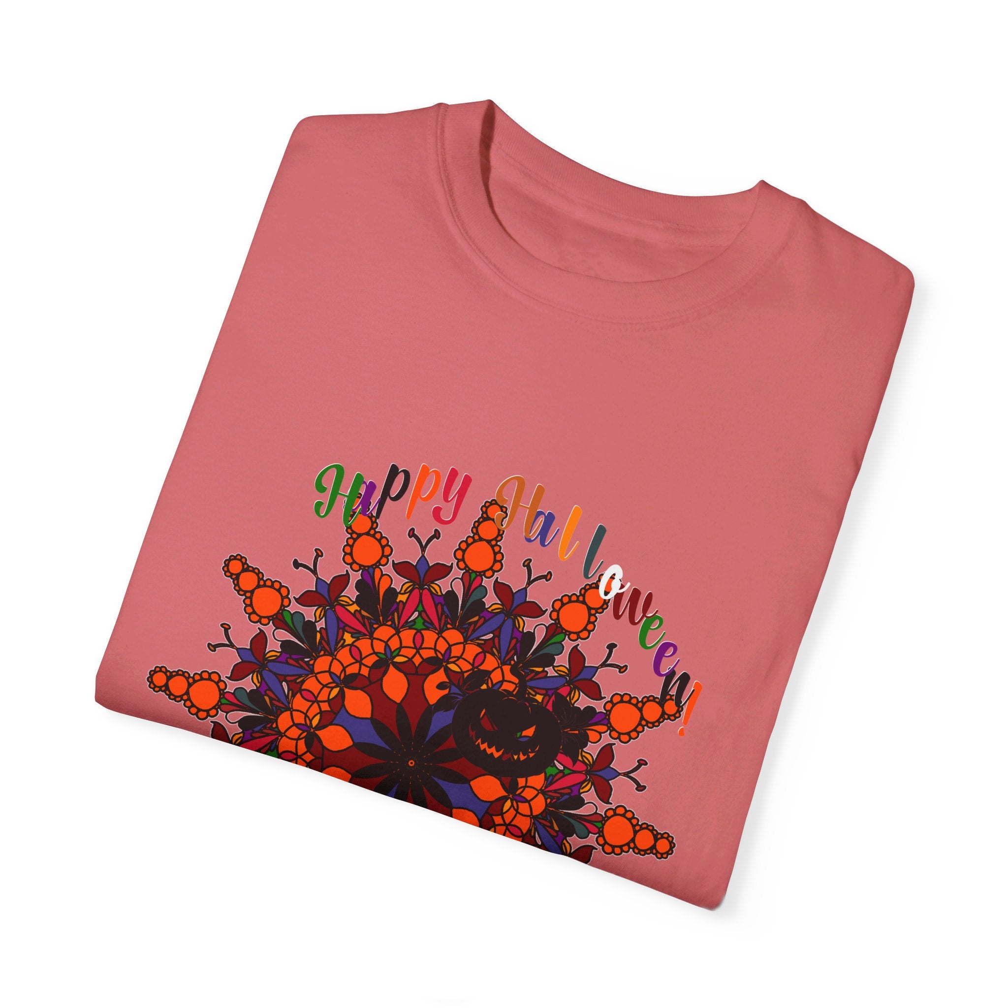 Handmade pumpkin mandala art featured on unisex Halloween t-shirt, garment-dyed for unique look