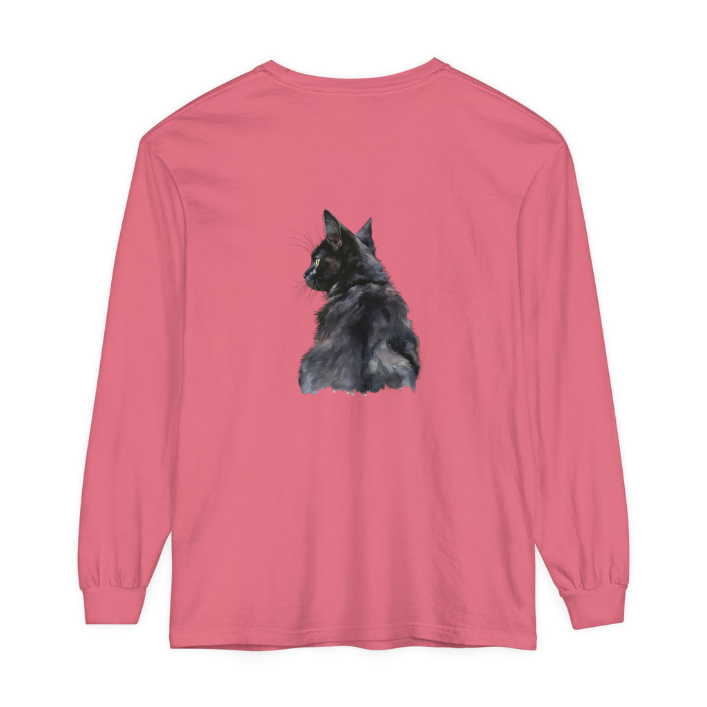 Black Cat Watercolor Long Sleeve T-Shirt with vibrant watercolor design