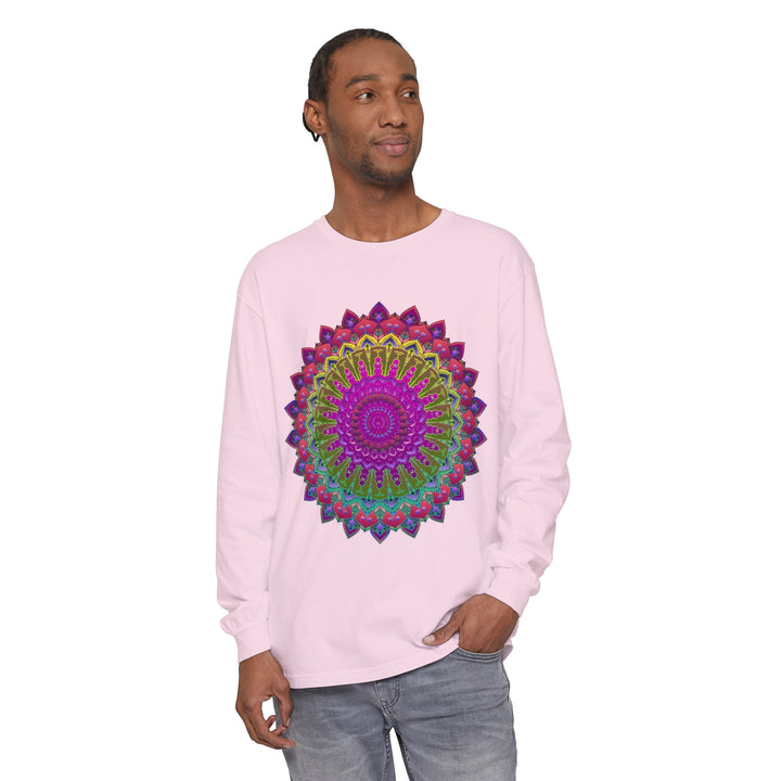 Person Mixing and Matching Vibrant Mandala Unisex Long Sleeve T-Shirt with Fashion Pieces