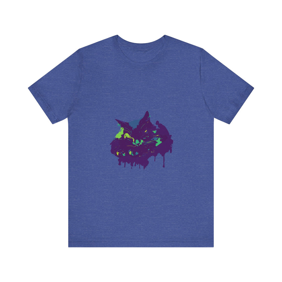 A black T-shirt with a colorful paint splatter design, perfect for mystery lovers