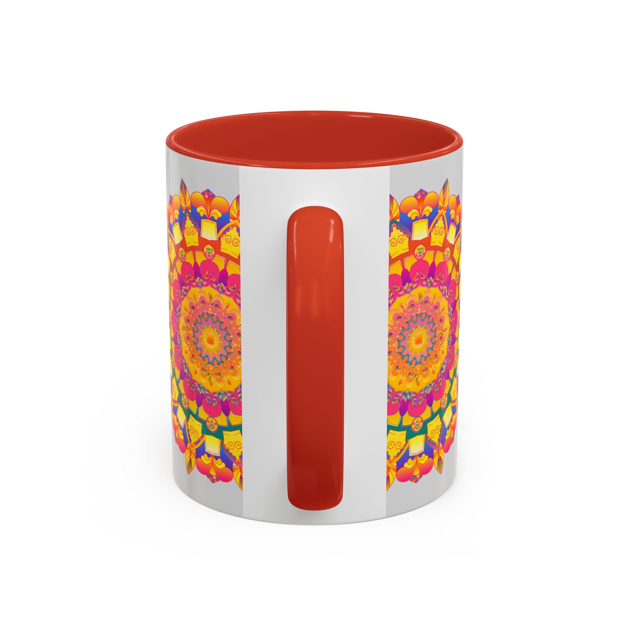 A close-up image of a Mandala Art Mug with vibrant colors on a grey background, showcasing intricate and detailed geometric patterns