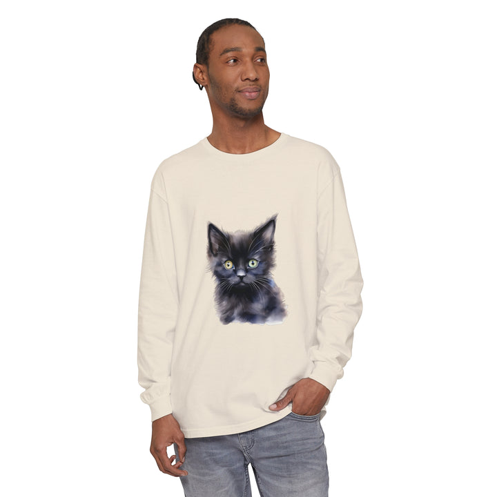 A close-up image of a black unisex long sleeve t-shirt with a mystical kitten design on the front