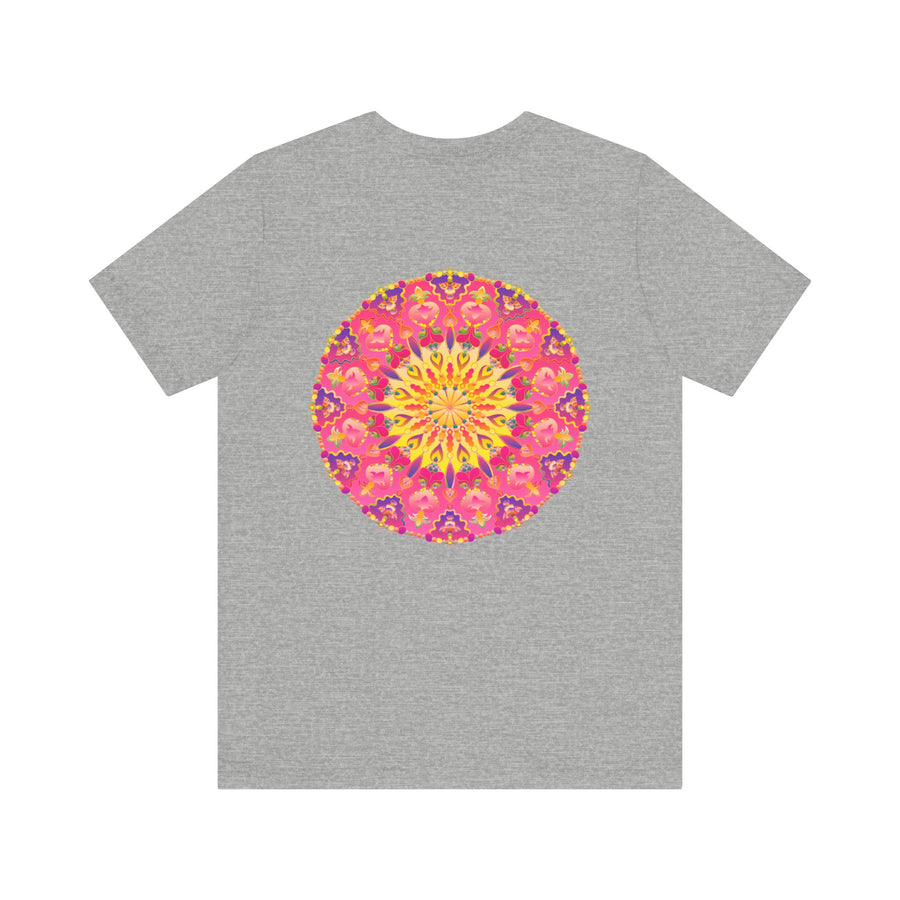 Beautiful pink and yellow mandala t-shirt with intricate design representing peace and harmony, perfect for adding a touch of serenity to your wardrobe
