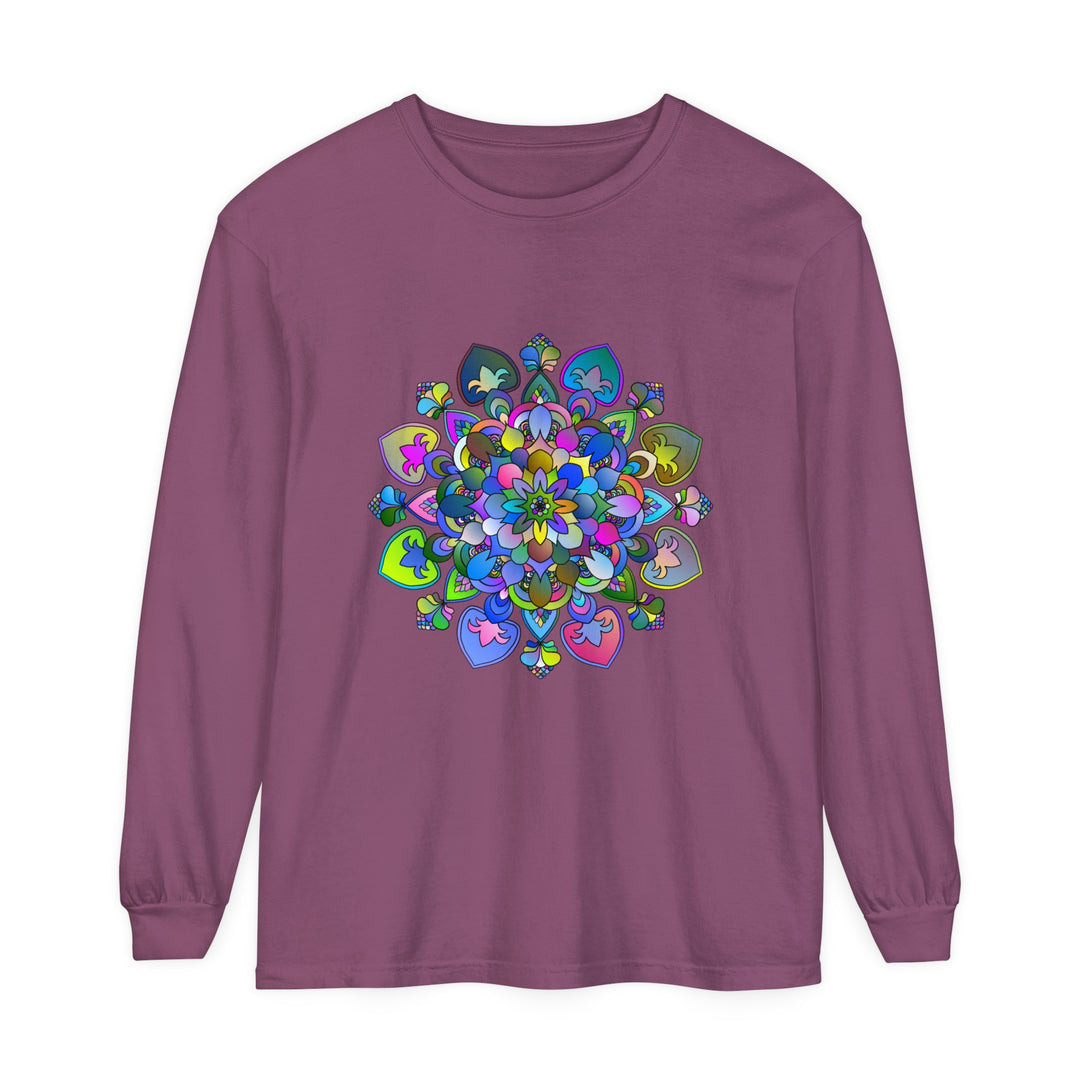 Colorful and intricate mandala design on a long-sleeve t-shirt