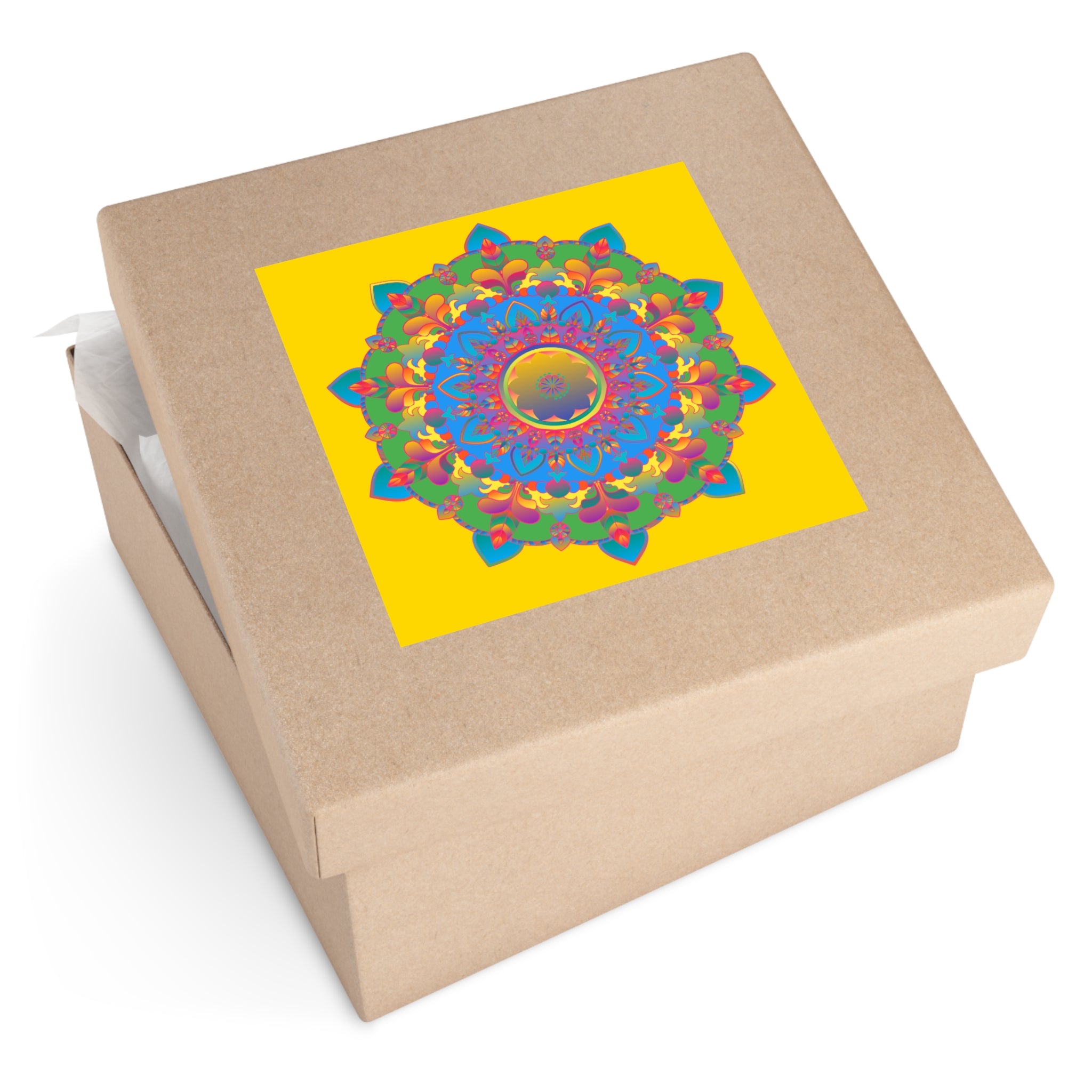 Handgezeichnete Mandala-Laminieraufkleber – Gold, Rot und Grün auf sonnengelbem Grund