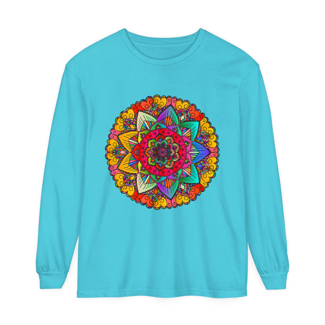 Colorful and intricate mandala design featured on a unisex long sleeve t-shirt