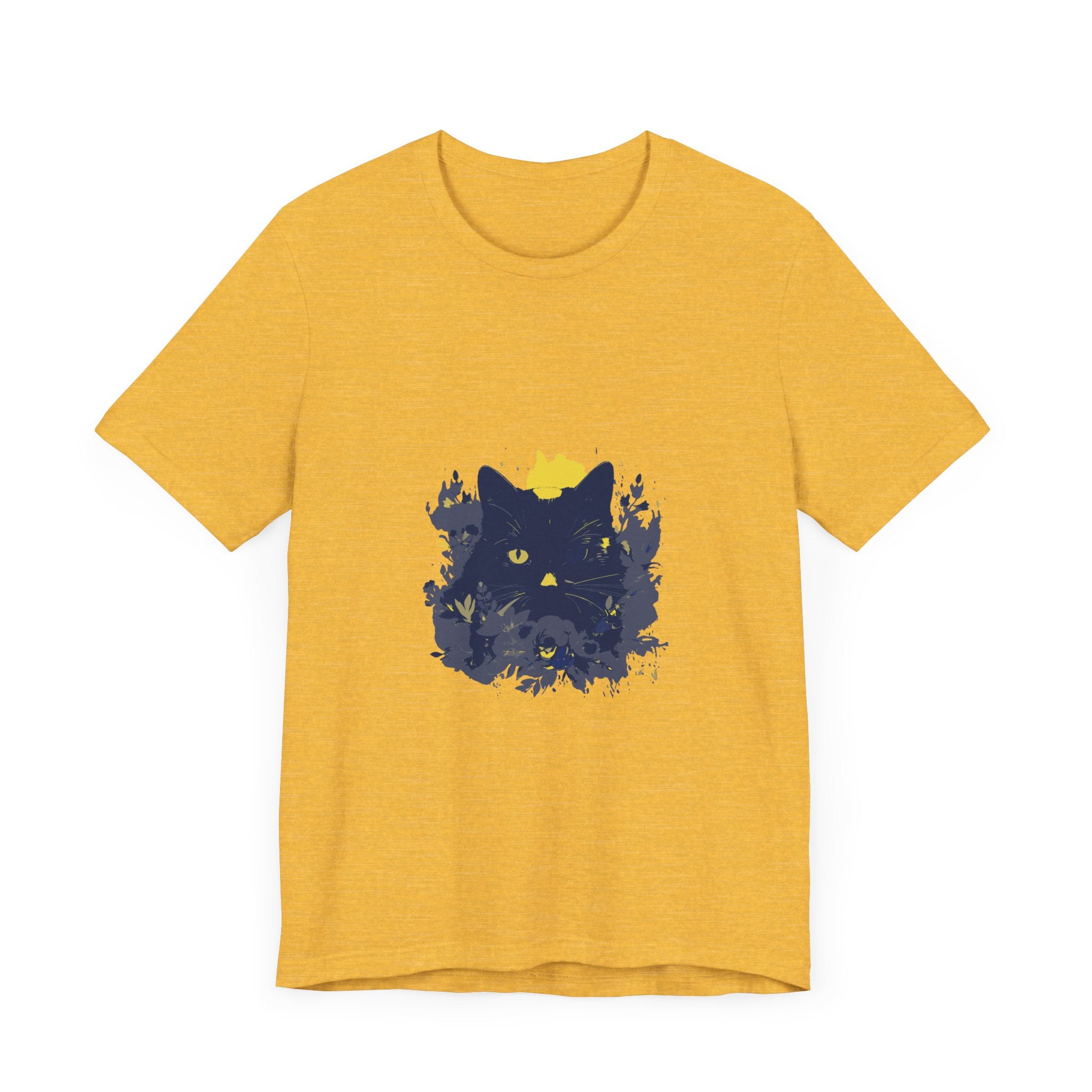 A black cat with a mischievous look wearing a t-shirt with whimsical flowers design