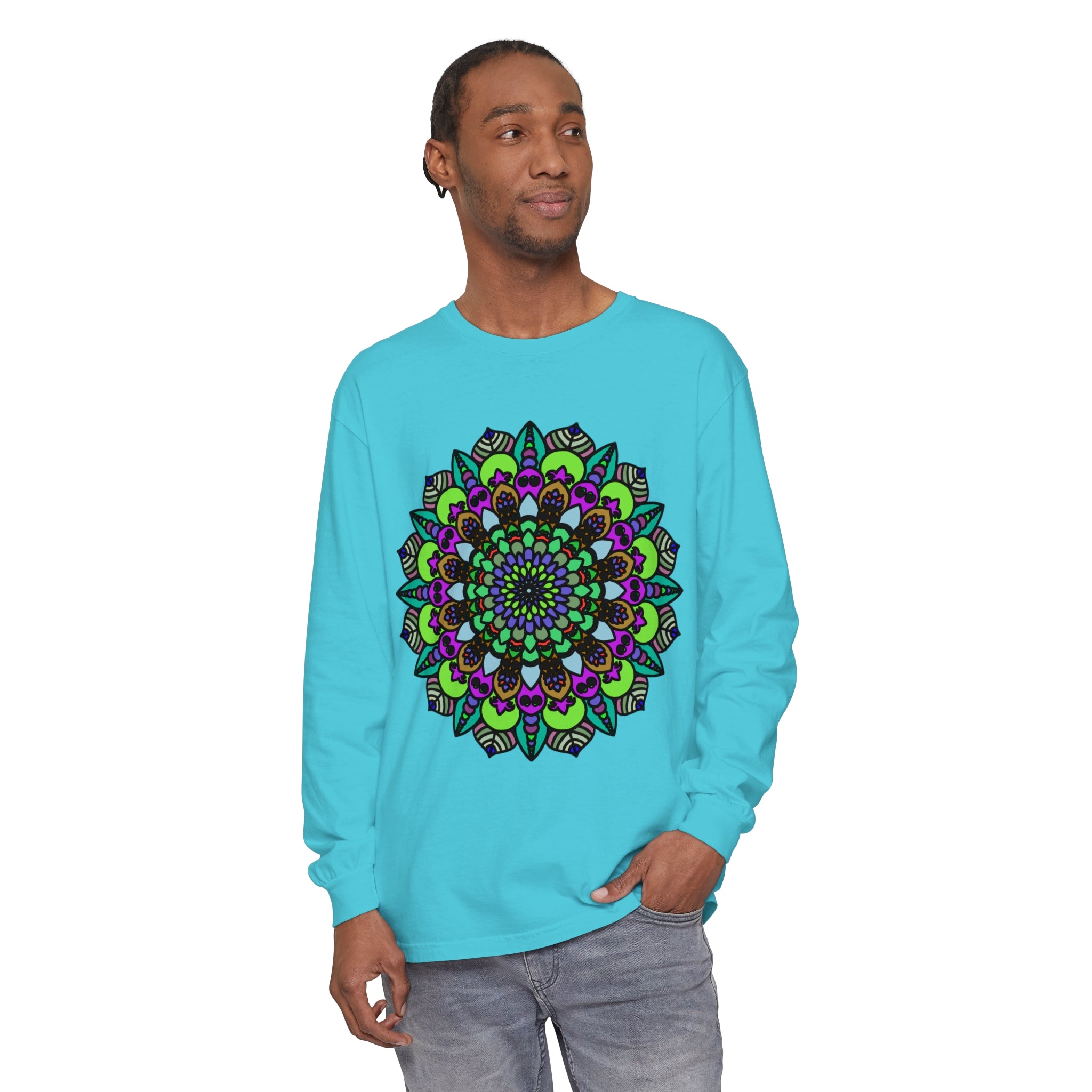 Colorful psychedelic mandala design unisex long sleeve t-shirt on white background