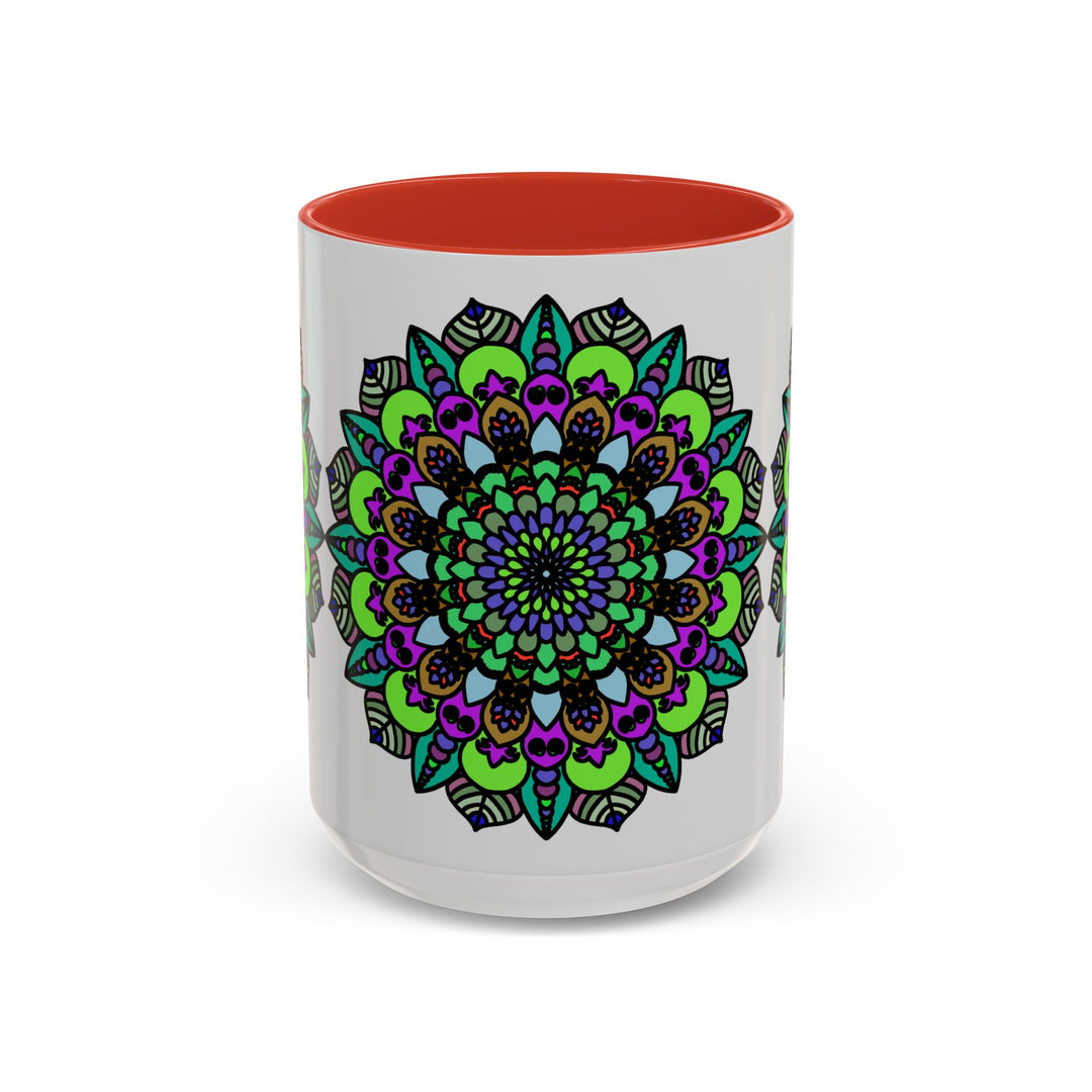 Colorful mandala art mug with intricate floral and geometric patterns