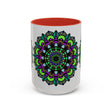 Colorful mandala art mug with intricate floral and geometric patterns