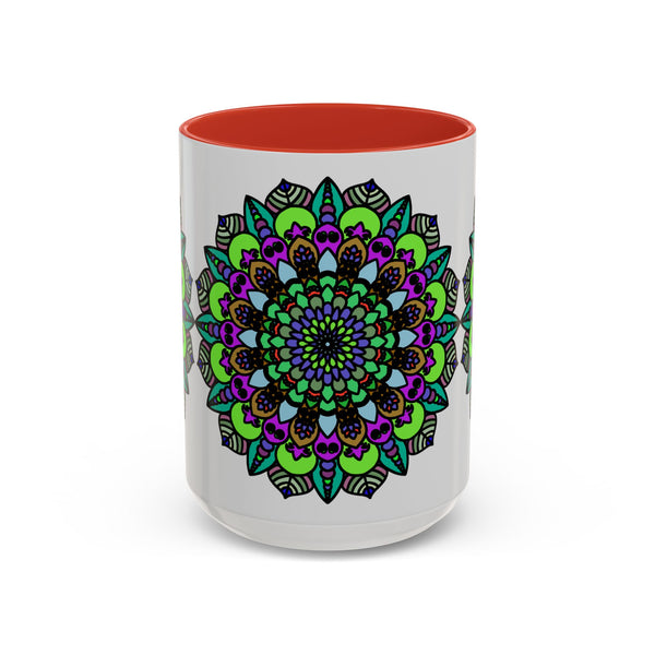 Colorful mandala art mug with intricate floral and geometric patterns