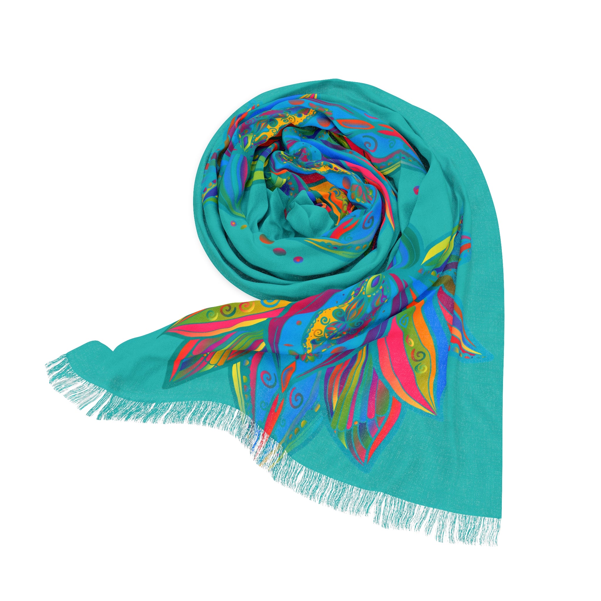 Sky Lotus Azure Blue Light Scarf — Floral Silk-Inspired Neck Wrap