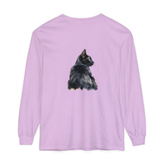 Black Cat Watercolor Long Sleeve T-Shirt with vibrant watercolor design