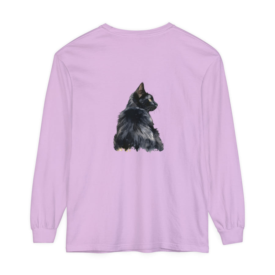 Black Cat Watercolor Long Sleeve T-Shirt with vibrant watercolor design