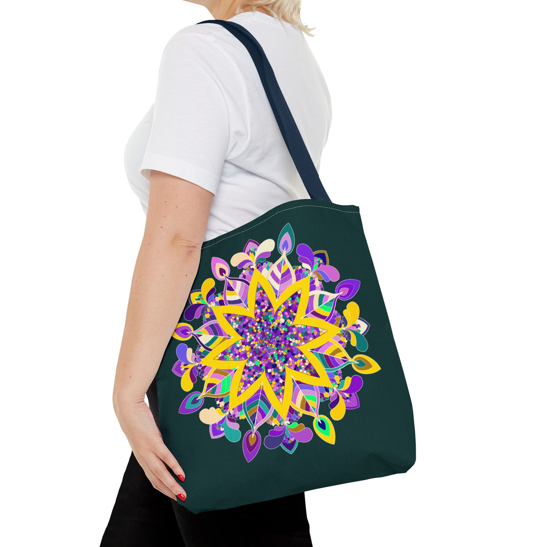 Dark green mandala tote bag featuring a colorful design, perfect for zen girls - Blululi product