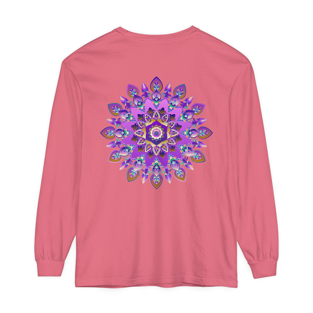 Vibrant purple and gold mandala design long sleeve t-shirt on white background