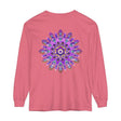 Vibrant purple and gold mandala design long sleeve t-shirt on white background