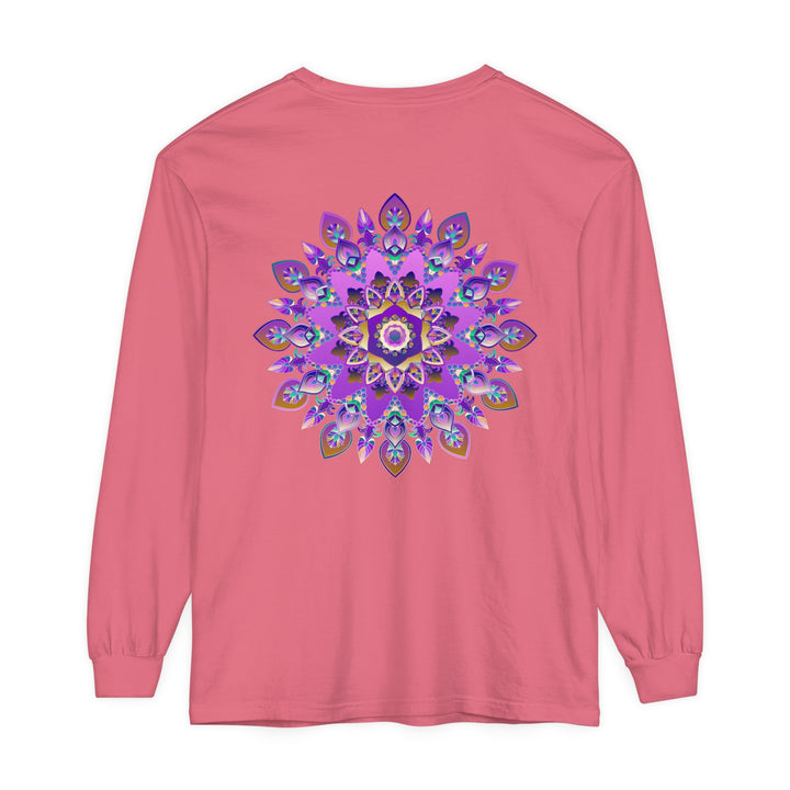 Vibrant purple and gold mandala design long sleeve t-shirt on white background