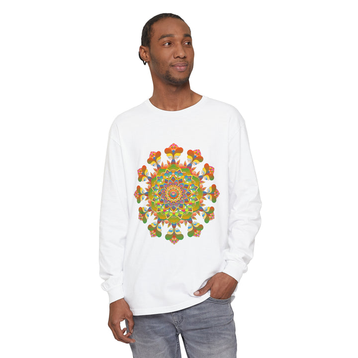 Vibrant Mandala Long Sleeve T-Shirt showcasing colorful, intricate art and design